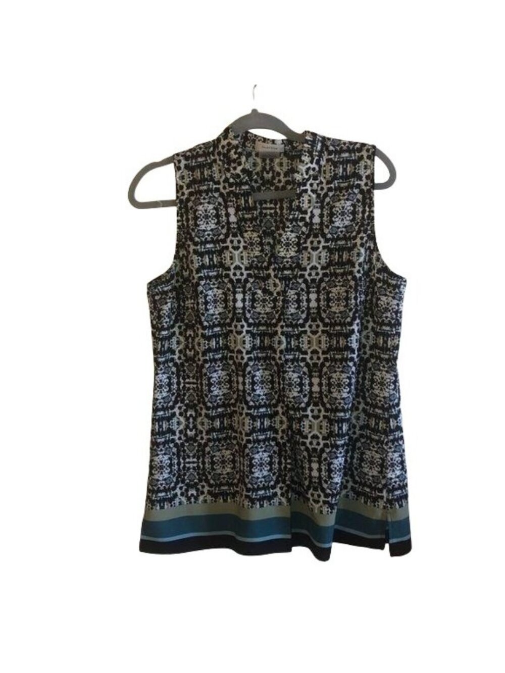 Van Heusen Sleeveless Black/White Patterned Top Teal & Green Trim Womens Medium